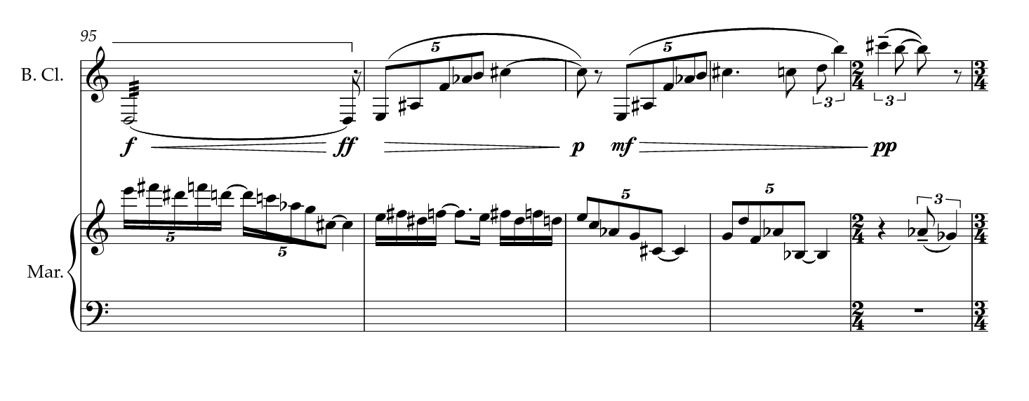 Excerpt from the score of Ægir by Joseph Dangerfield, showing the bass clarinet and marimba parts.