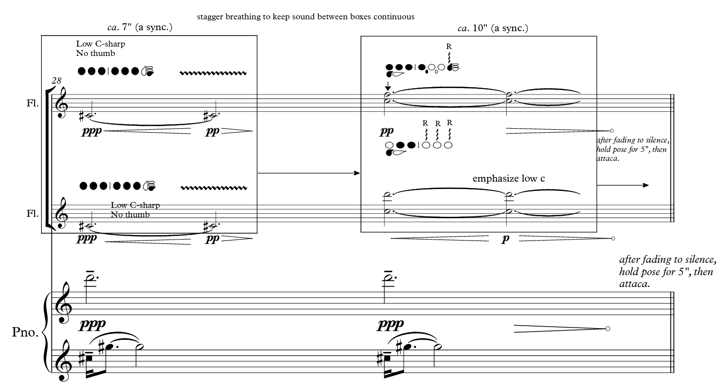 Excerpt from the score of Color Schemes by Joseph Dangerfield, showing extended flute techniques and piano.
