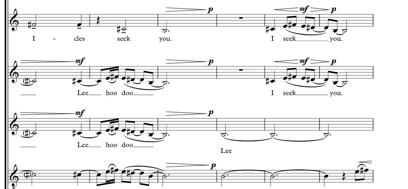 Excerpt from the score of Echoes in the Snow by Joseph Dangerfield, showing the choral parts.