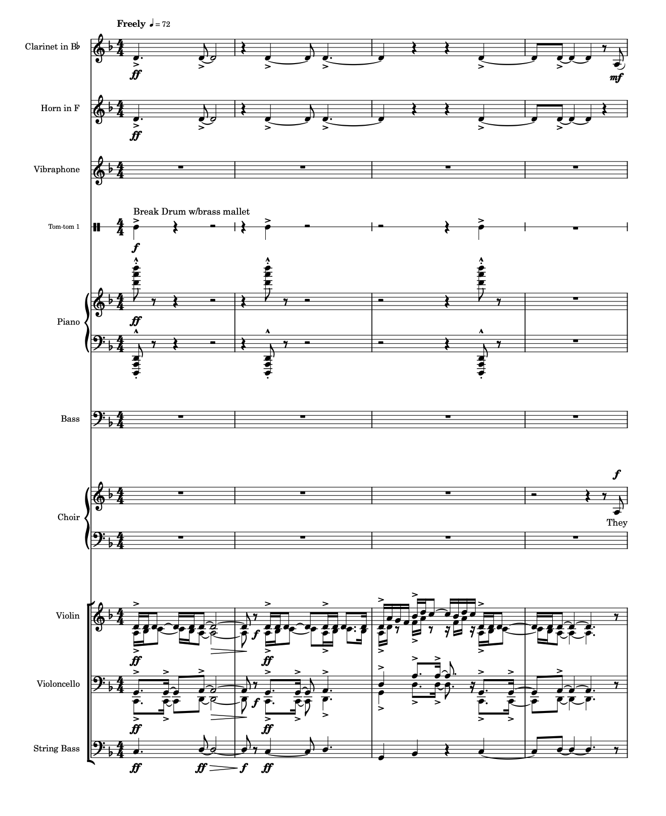 A page from the John Henry score, opening measures marked 'Freely, quarter note = 72' with break drum, clarinet, horn, piano, and strings.