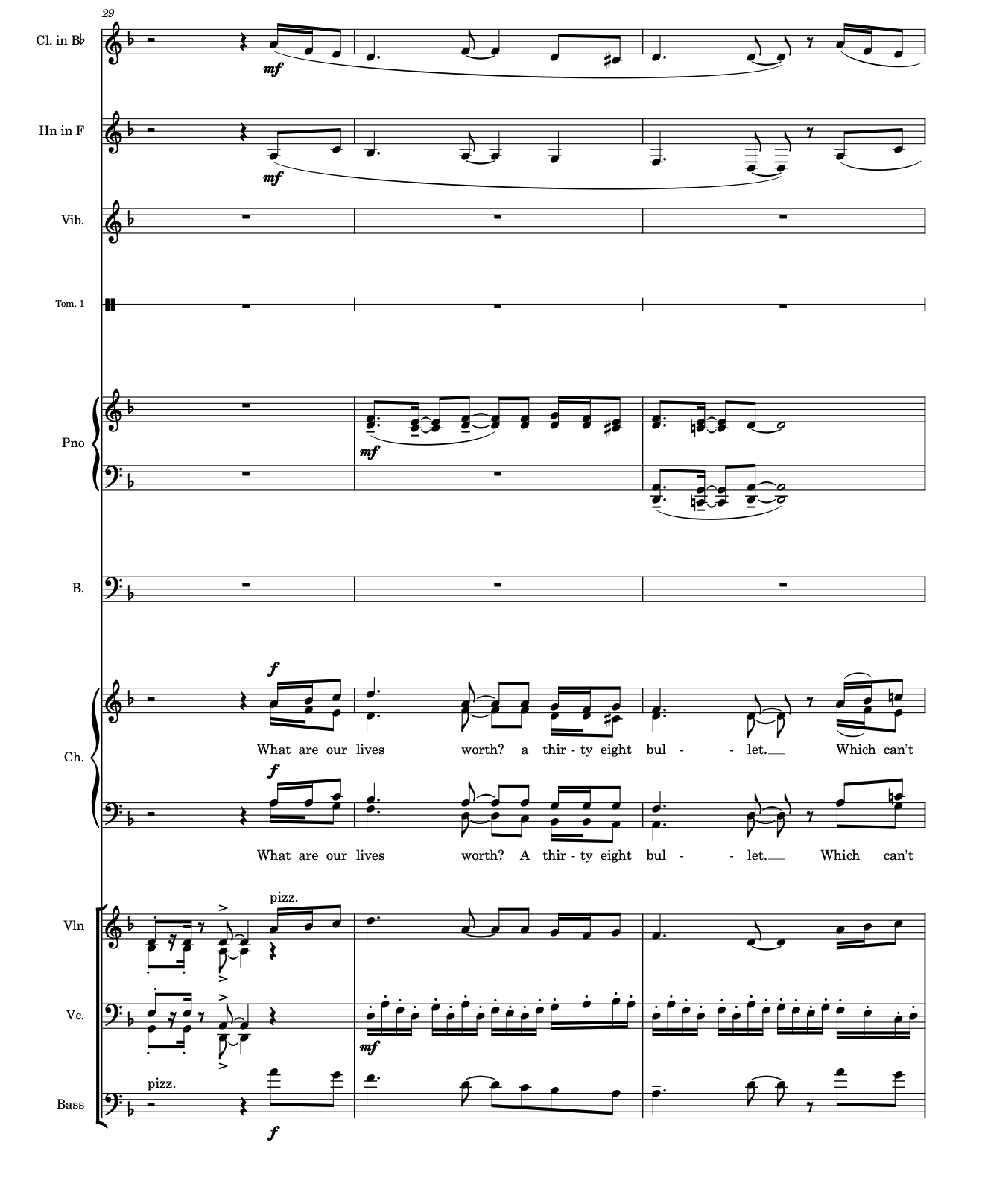 A page from the John Henry score, measure 29, choir singing 'What are our lives worth? A thirty eight bullet' over clarinet, horn, piano, and strings.