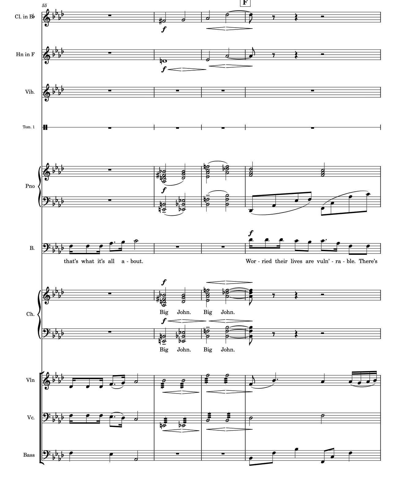 A page from the John Henry score, measure 55, chorus singing 'Big John, Big John' over clarinet, horn, piano, and strings.