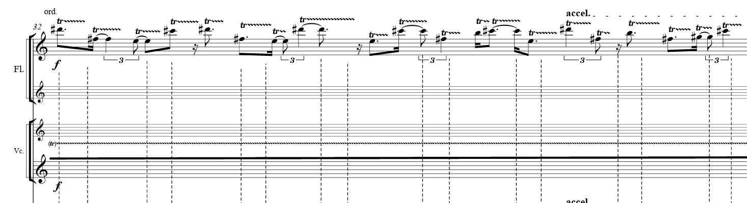 Excerpt from the score of Knot by Joseph Dangerfield, showing the flute and cello parts.