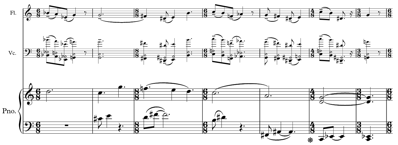 Excerpt from the score of Moon Phase by Joseph Dangerfield, showing the flute, cello, and piano parts.