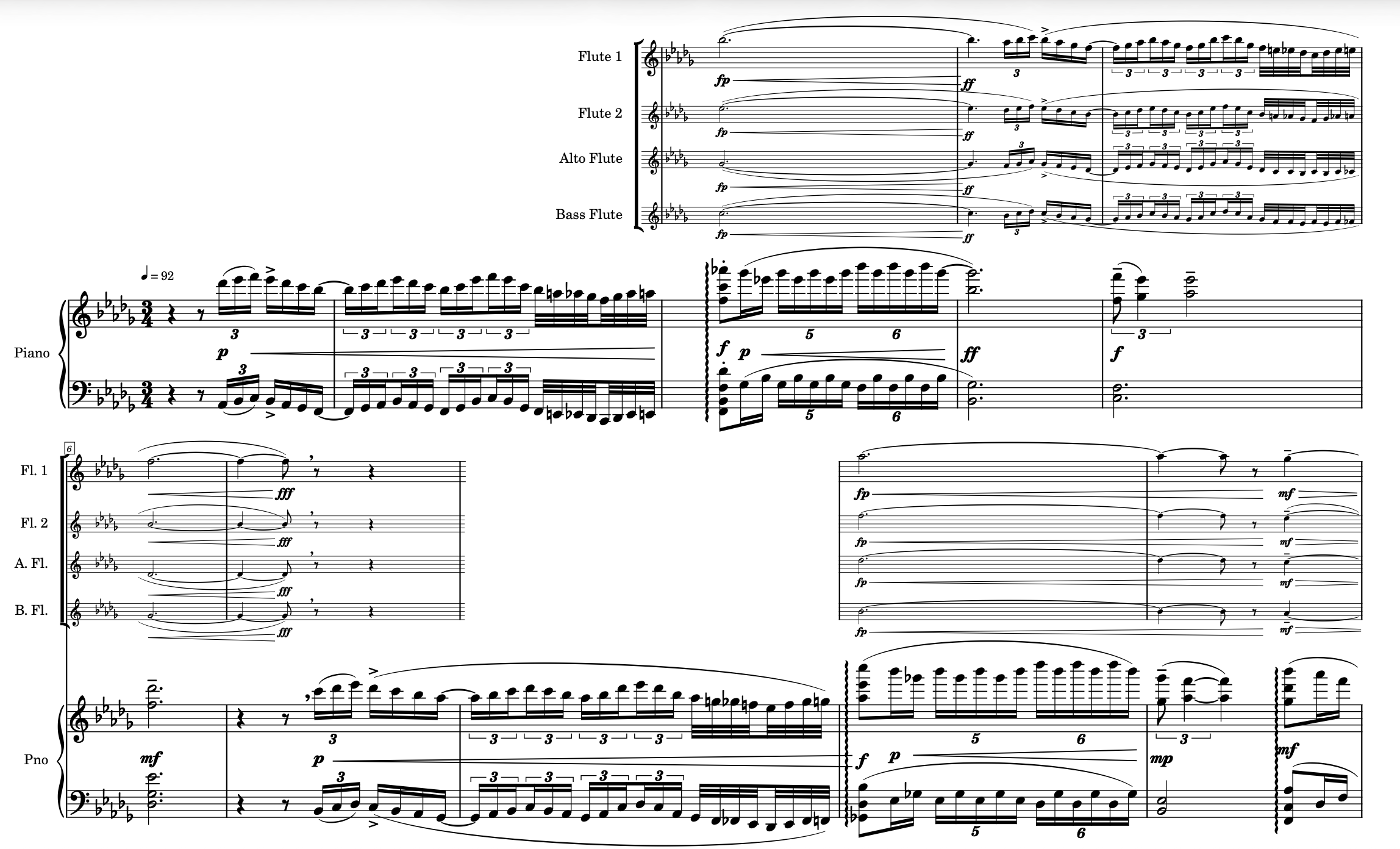 Excerpt from the score of Prélude to the Pitter-Patter of a Piper by Joseph Dangerfield, showing the flute ensemble and piano parts.