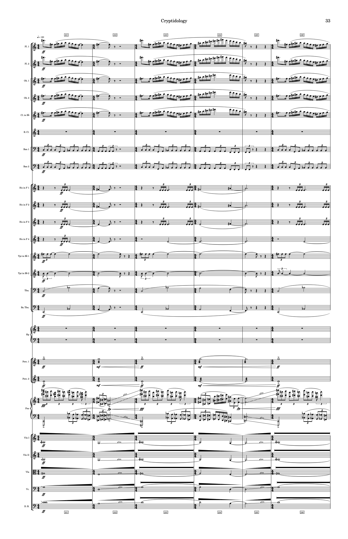 A page from the full orchestral score of Cryptidology, showing rehearsal marks 211–216 with dense activity across winds, brass, percussion, piano, and strings.