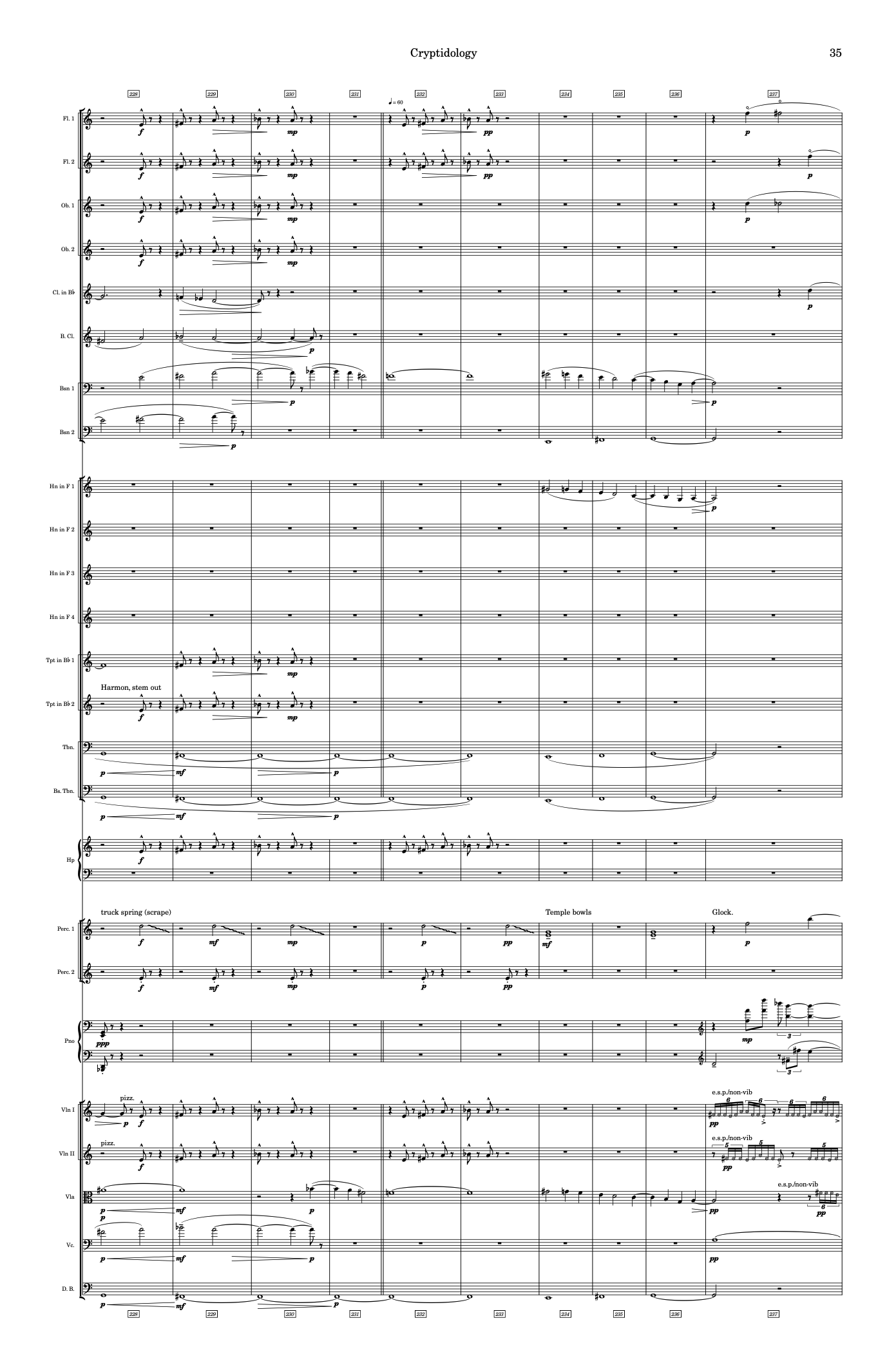 A page from the full orchestral score of Cryptidology, showing rehearsal marks 228–237 with extended techniques and varied percussion including truck spring, temple bowls, and glockenspiel.