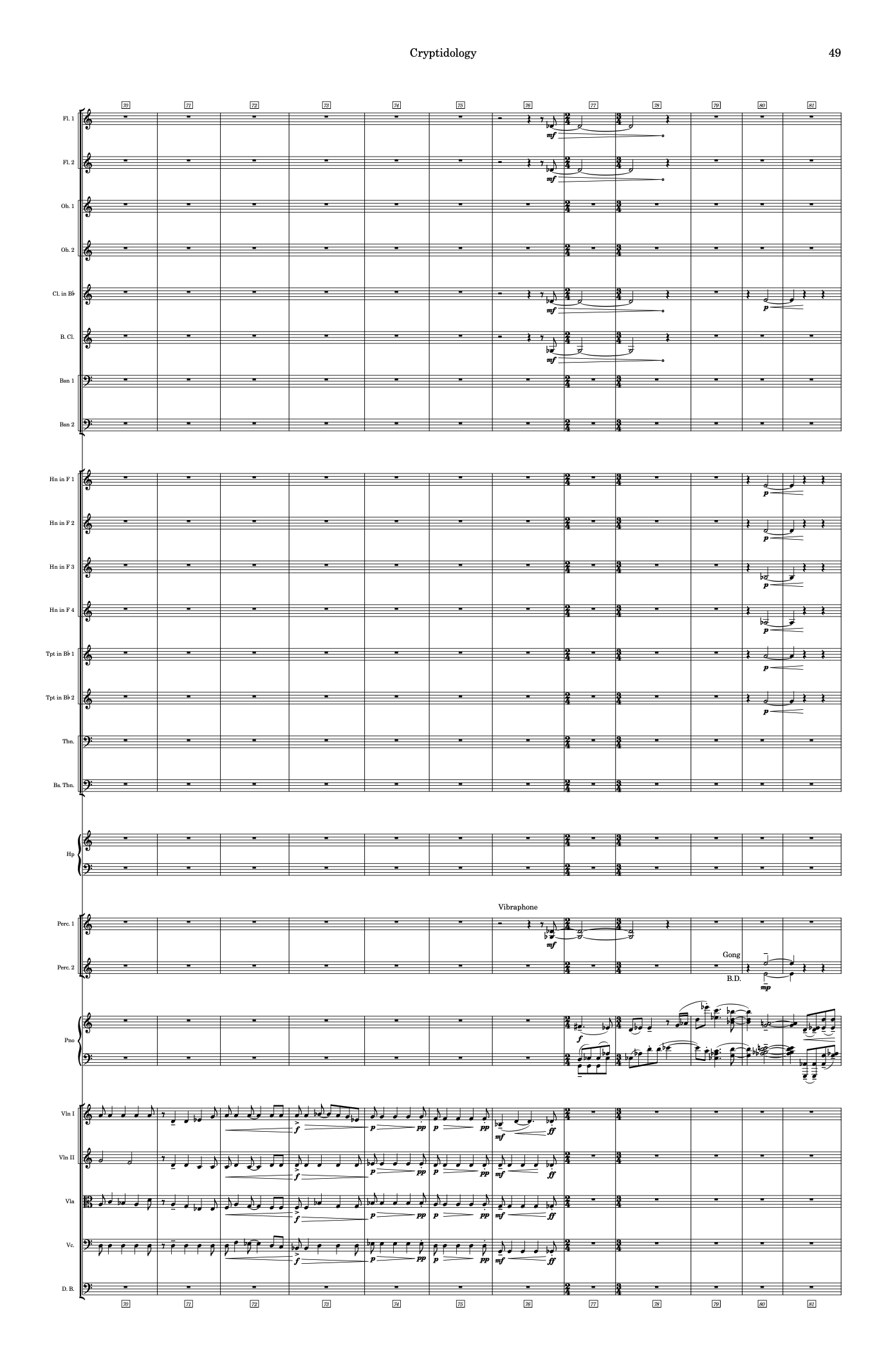 A page from the full orchestral score of Cryptidology, showing rehearsal marks 70–81 with vibraphone, gong, bass drum, and piano entrances.