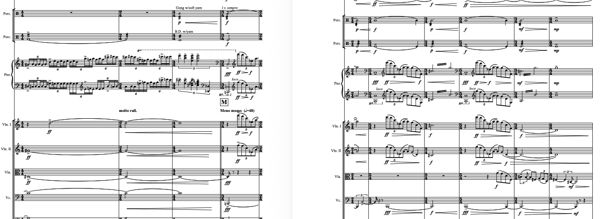 Excerpt from the score of The Waves Roll On, Thundering and Shimmering by Joseph Dangerfield, showing the piano, percussion, and string parts.