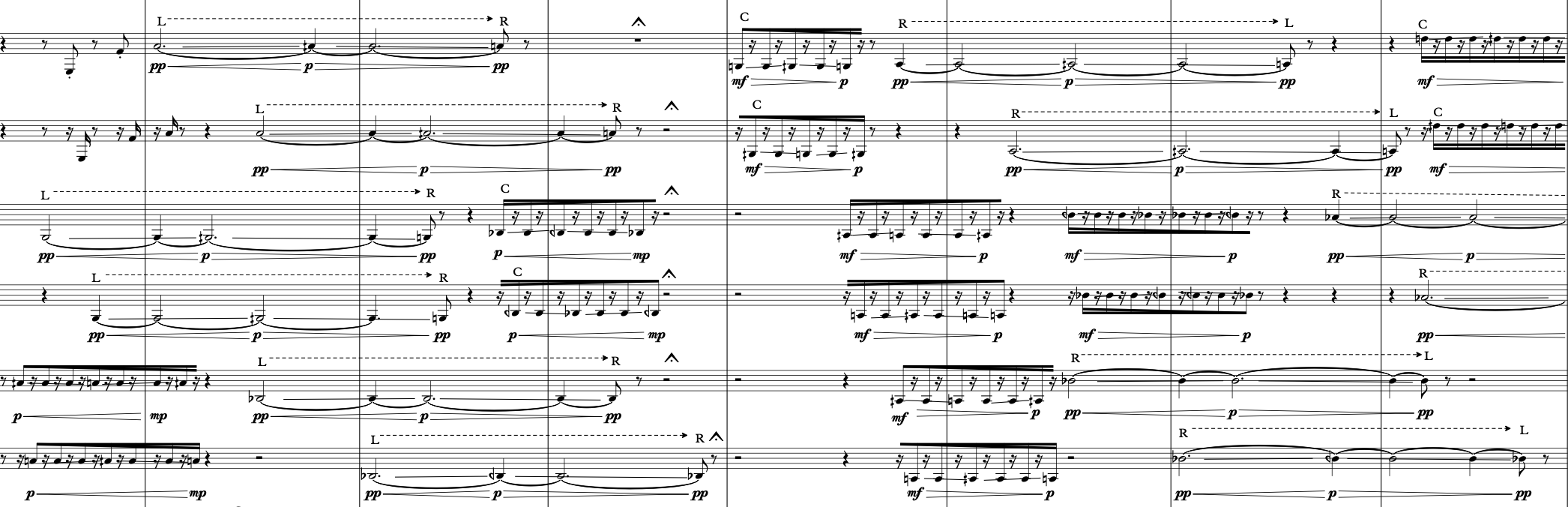 Excerpt from a hand-notated score by Joseph Dangerfield, with cued left/right hand markings.